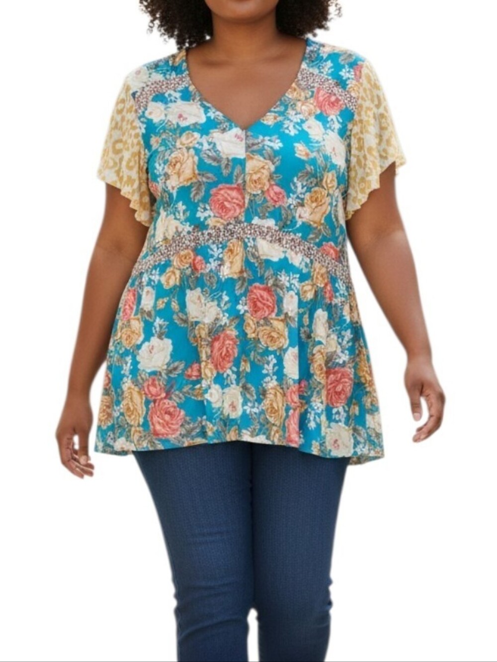 Cato Cottagecore Teal Blue Floral Print Blouse